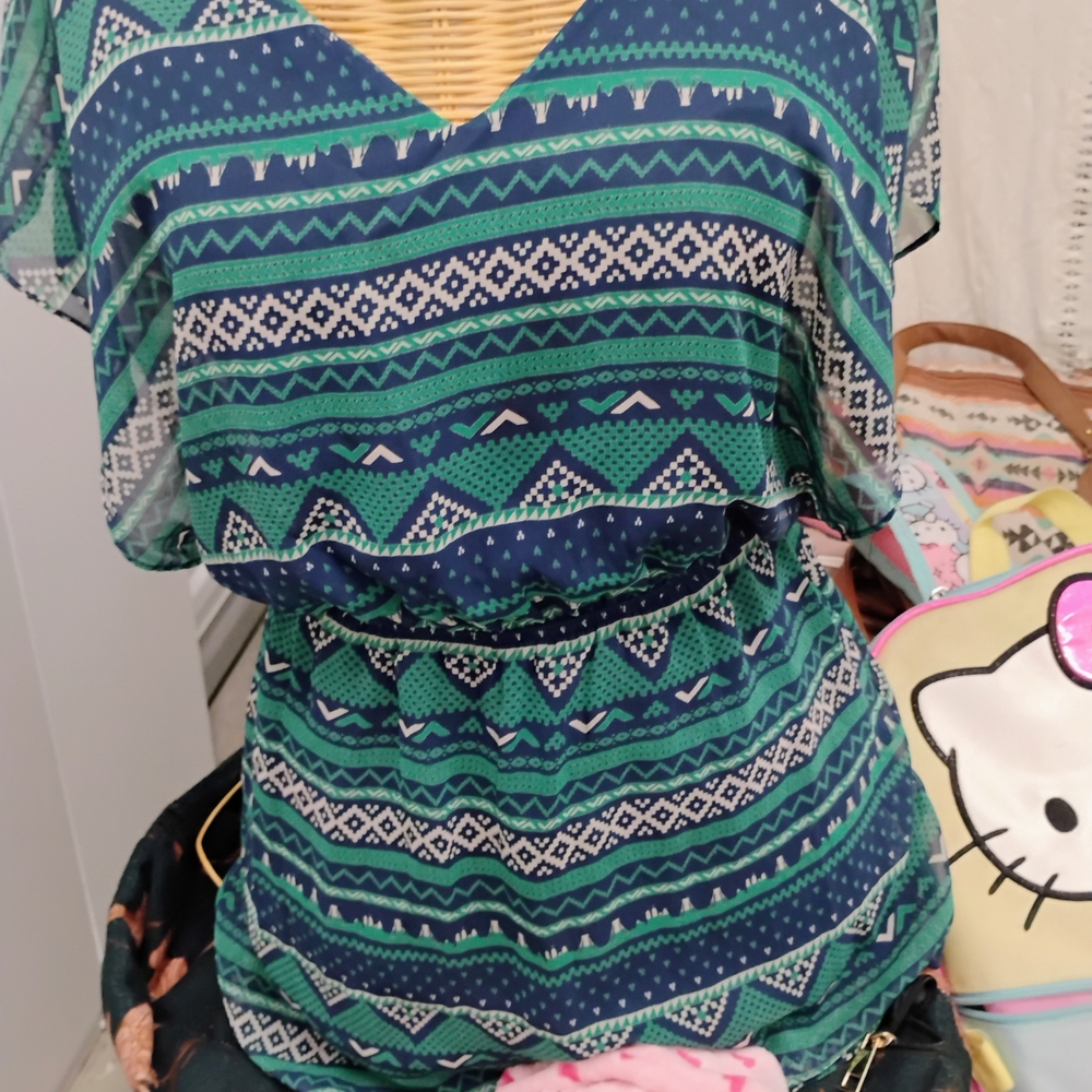 Green and Blue Short Sleeve Boxy Midi Dress